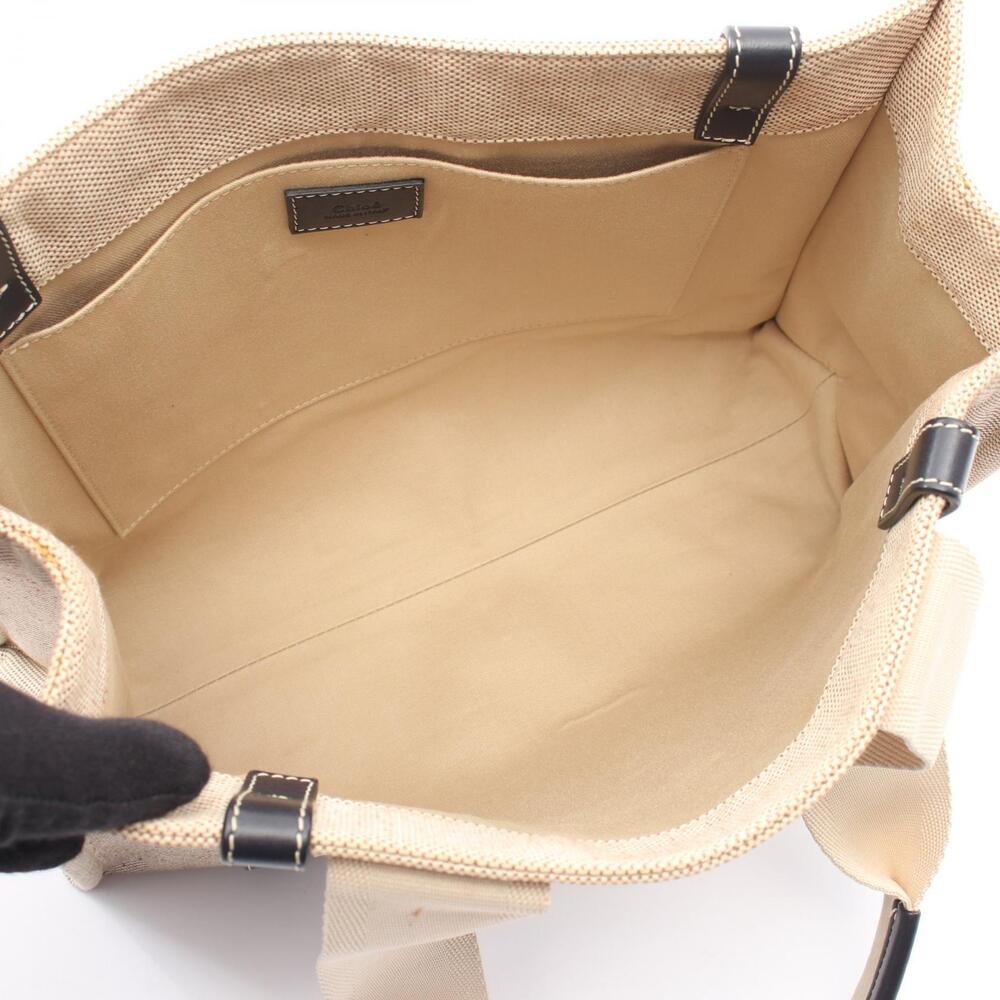 Chloe Woody Tote Bag Canvas Leather Beige Black - Picture 3 of 5
